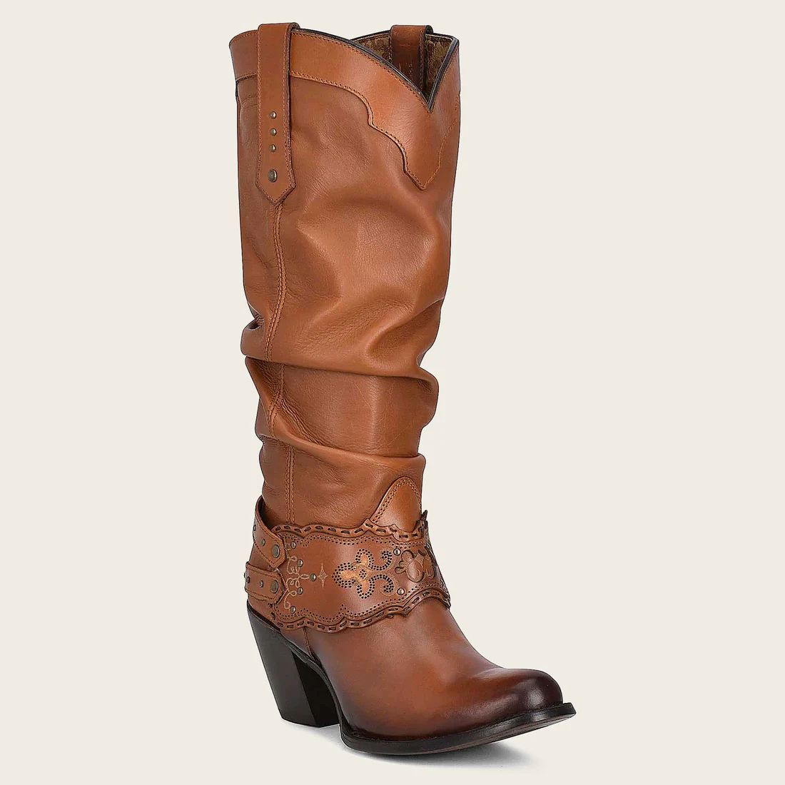 Cuadra | Engraved Honey Leather Tall Boot