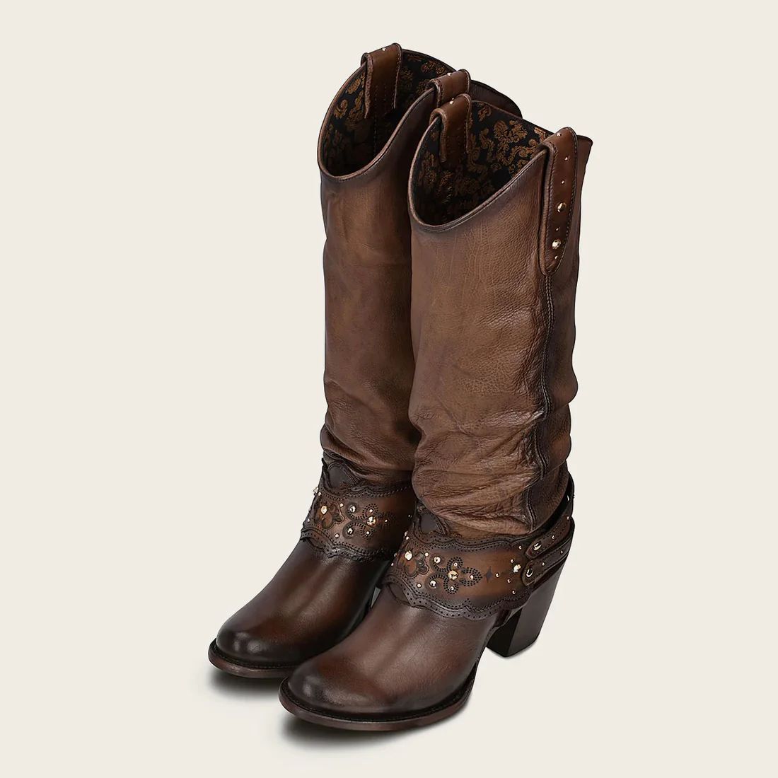 Cuadra | Hand-Painted Brown Leather Boot With Austrian Crystals