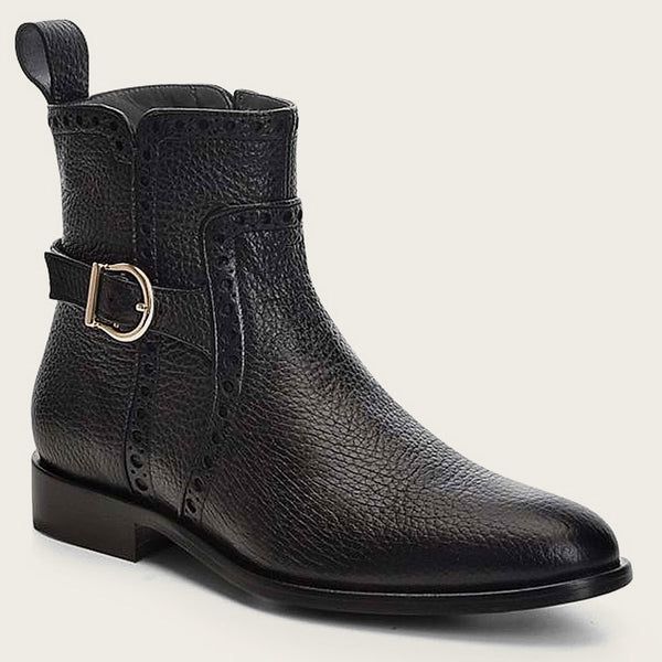 Cuadra | Genuine Deer Black Leather Bootie With Buckle