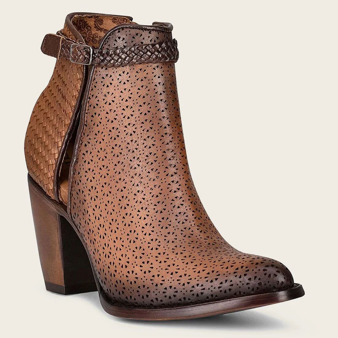 Cuadra | Perforated Brown Leather Bootie With Hand Braided Strap