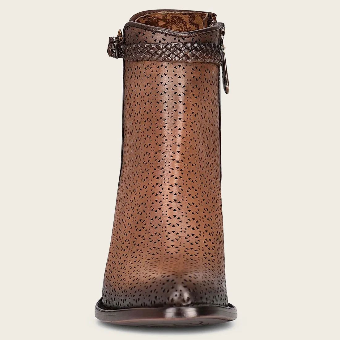 Cuadra | Perforated Brown Leather Bootie With Hand Braided Strap