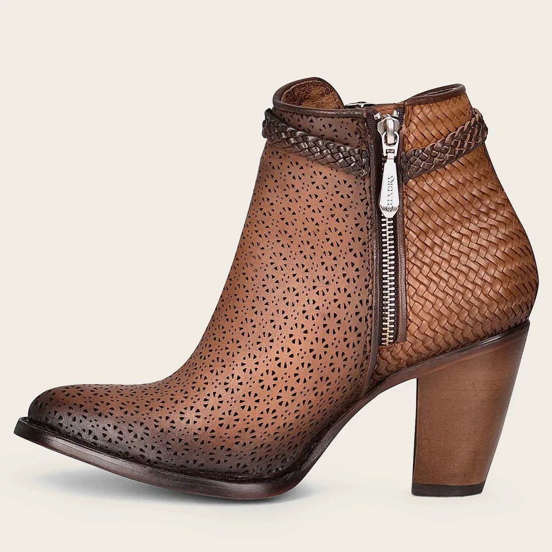 Cuadra | Perforated Brown Leather Bootie With Hand Braided Strap