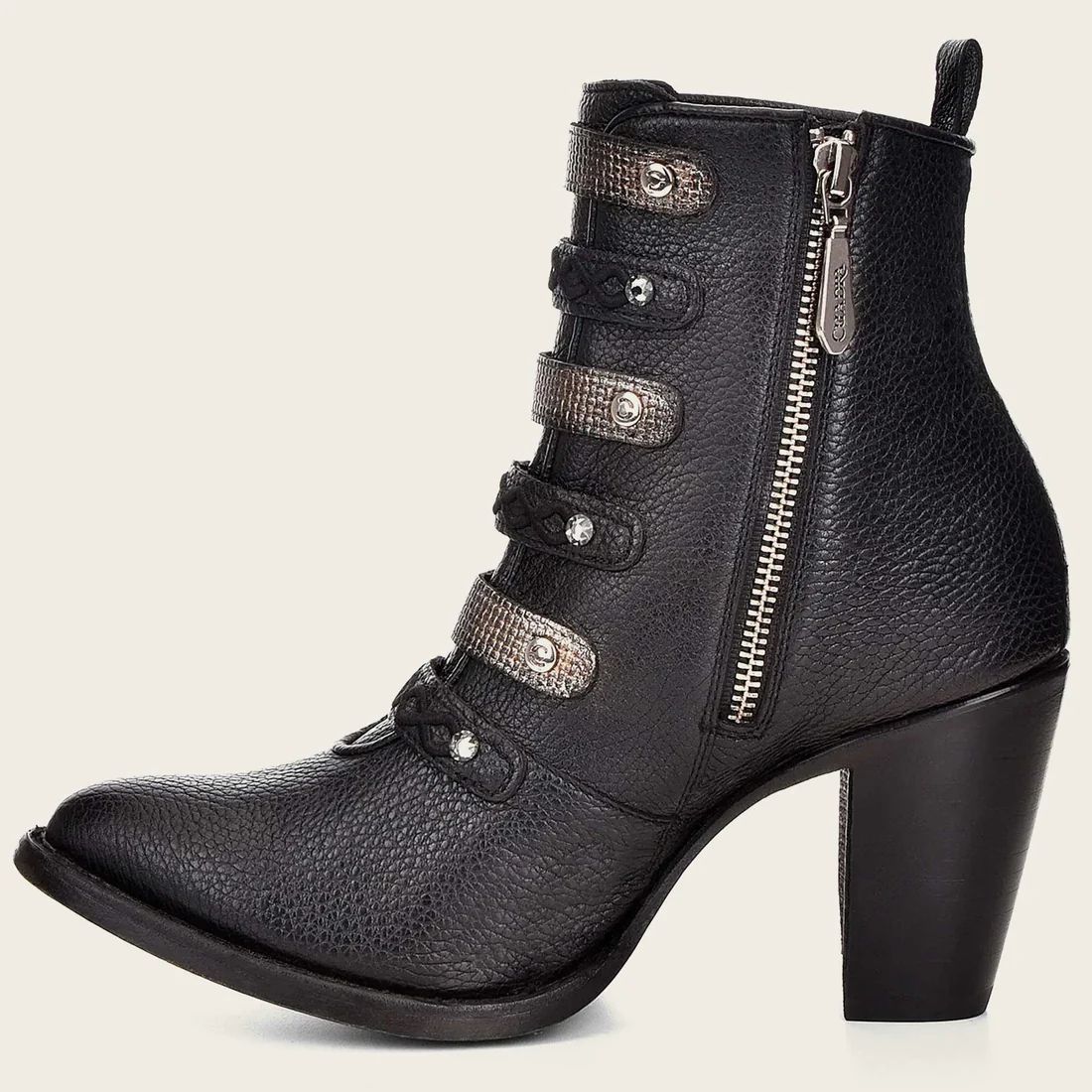 Cuadra | Women Booties Leather, Embroidered Black Leather Bootie With Austrian Crystals