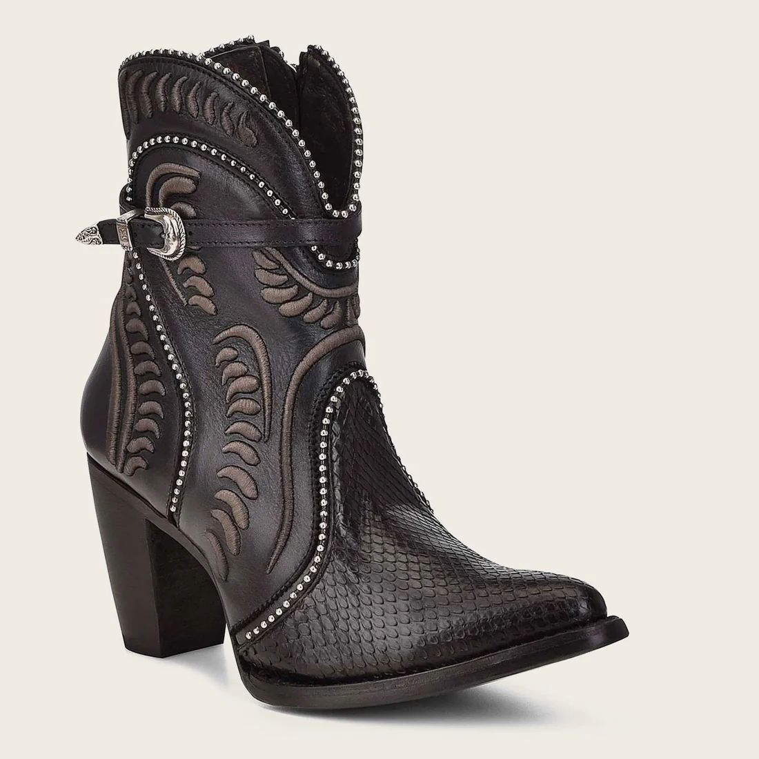 Cuadra | Genuine Python Embroidered Black Leather Bootie