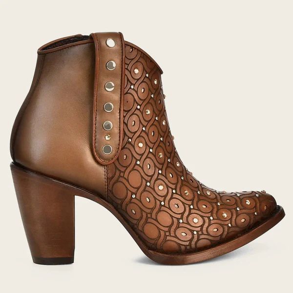 Cuadra | Handwoven Brown Leather Bootie With Austrian Crystals