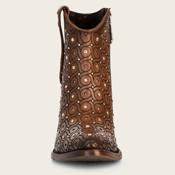 Cuadra | Handwoven Brown Leather Bootie With Austrian Crystals