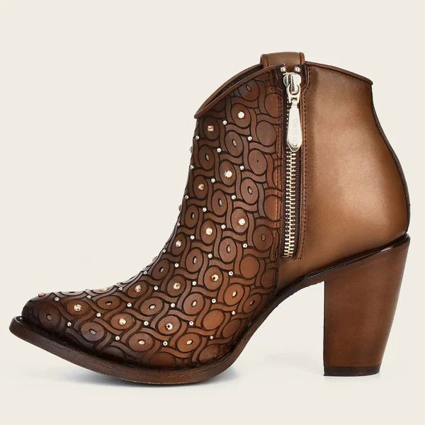 Cuadra | Handwoven Brown Leather Bootie With Austrian Crystals