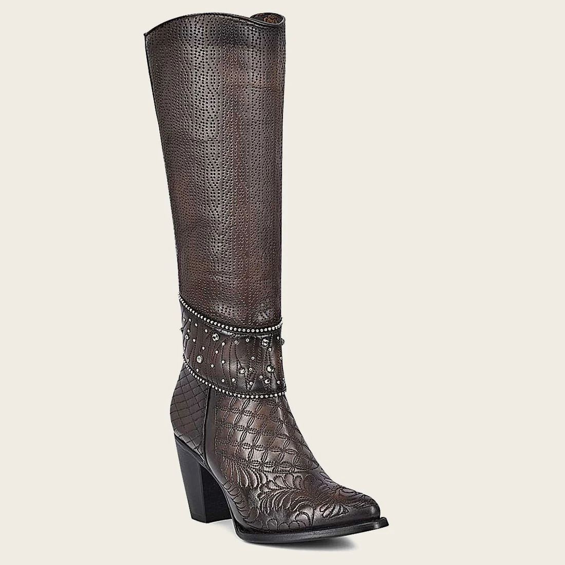 Cuadra | Embroidered Dark Brown Leather Boot With Austrian Crystals