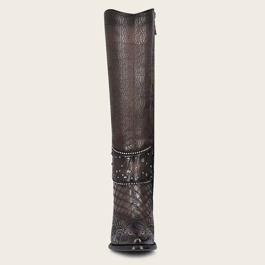 Cuadra | Embroidered Dark Brown Leather Boot With Austrian Crystals