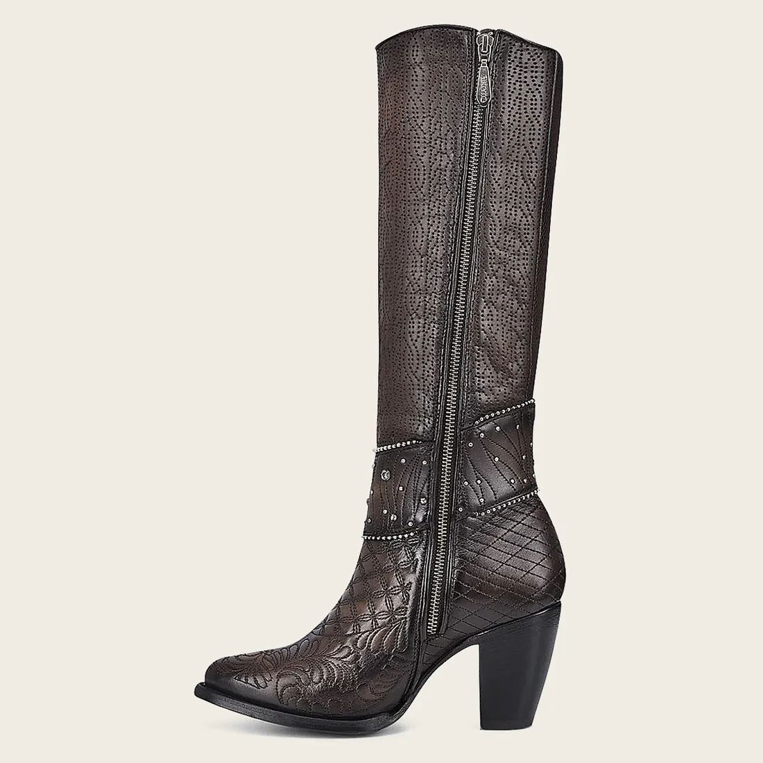 Cuadra | Embroidered Dark Brown Leather Boot With Austrian Crystals