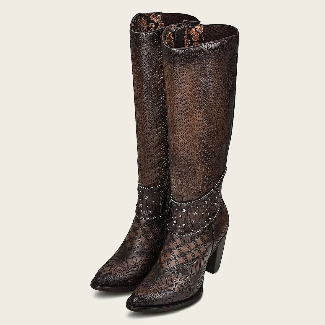 Cuadra | Embroidered Dark Brown Leather Boot With Austrian Crystals