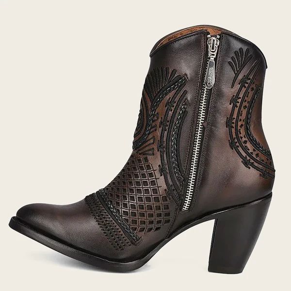Cuadra | Artisan Embroidered Brown Leather Bootie