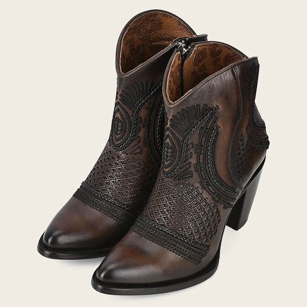 Cuadra | Artisan Embroidered Brown Leather Bootie