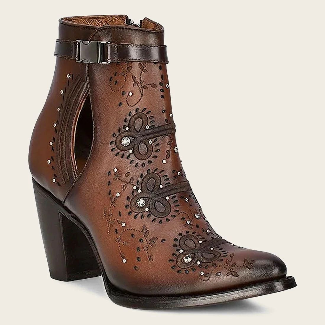 Cuadra | Brown Perforated And Embroidery Bootie With Crystals