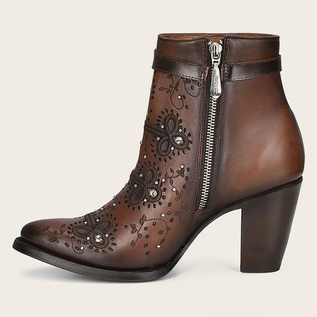 Cuadra | Brown Perforated And Embroidery Bootie With Crystals