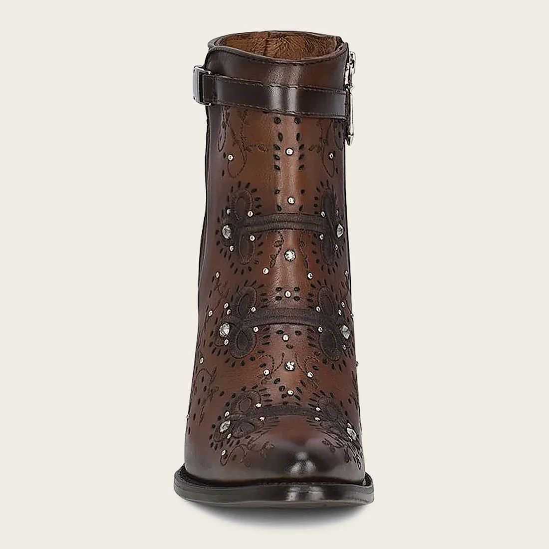 Cuadra | Brown Perforated And Embroidery Bootie With Crystals