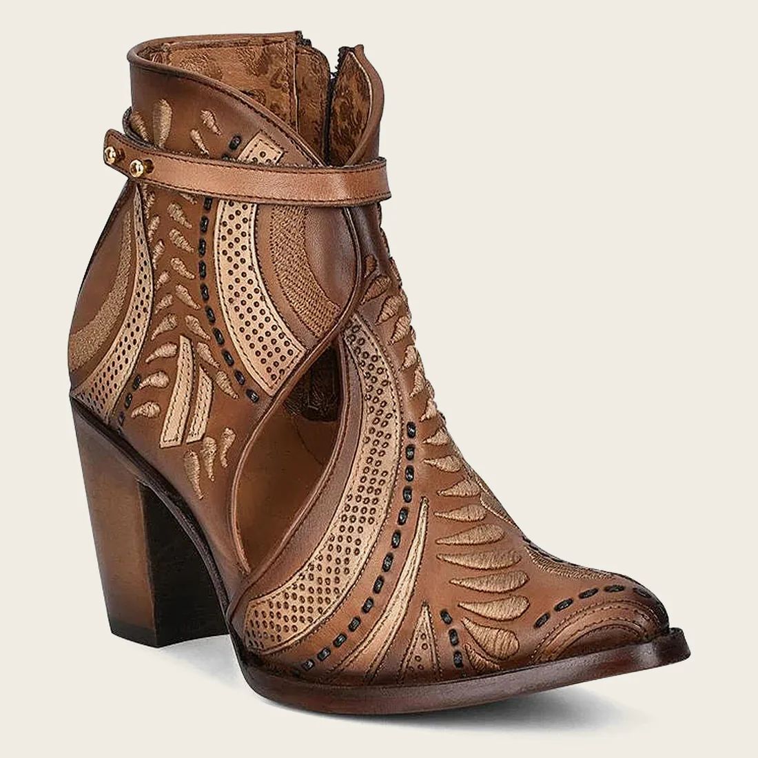 Cuadra | Embroidered And Perforated In Geometric Motifs Honey Leather Bootie