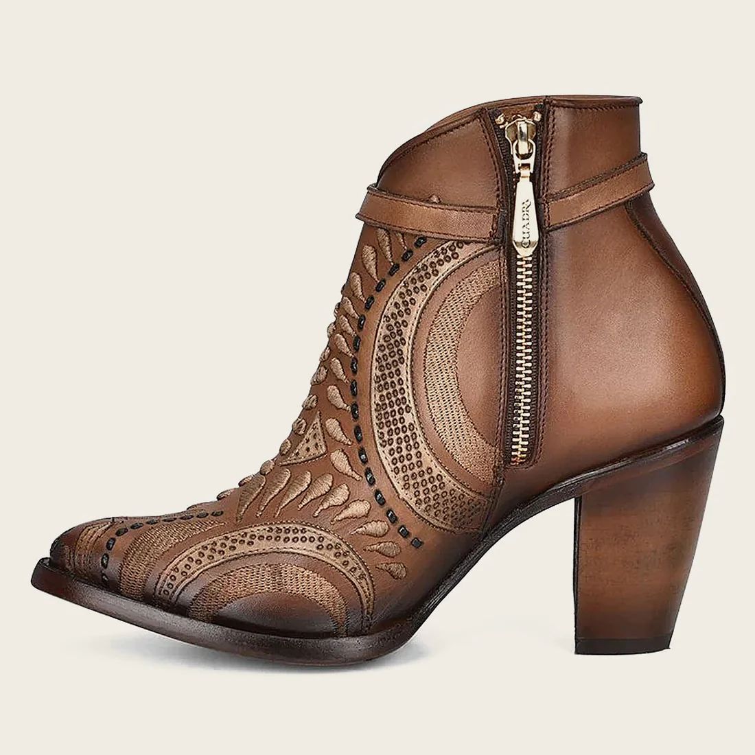 Cuadra | Embroidered And Perforated In Geometric Motifs Honey Leather Bootie