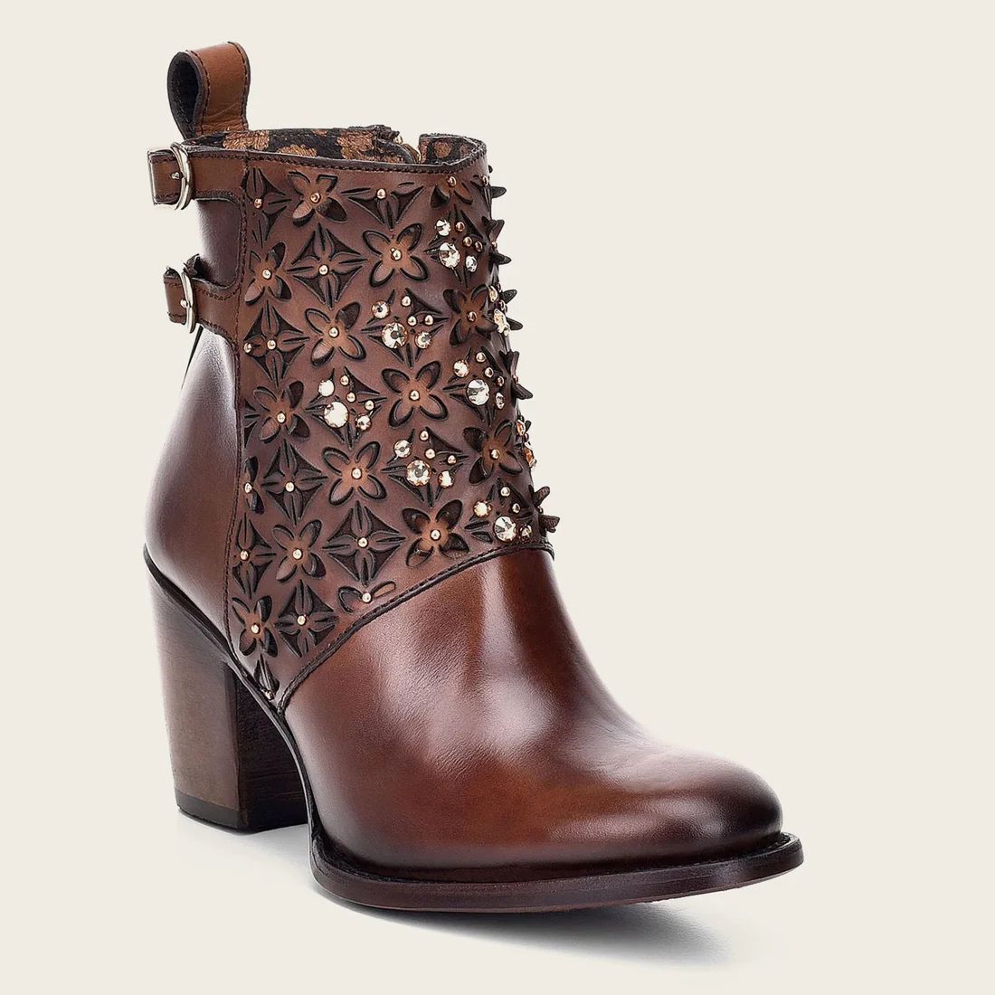 Cuadra | Perforated Brown Leather Bootie With Austrian Crystals