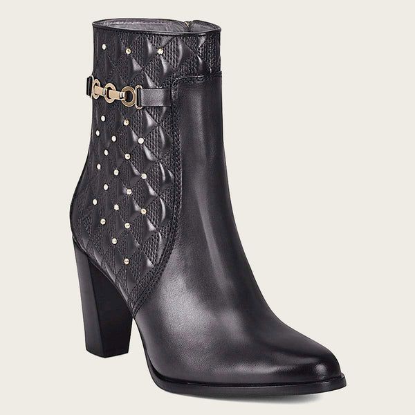 Cuadra | Black Leather Bootie With Geometric Details And Austrian Crystals