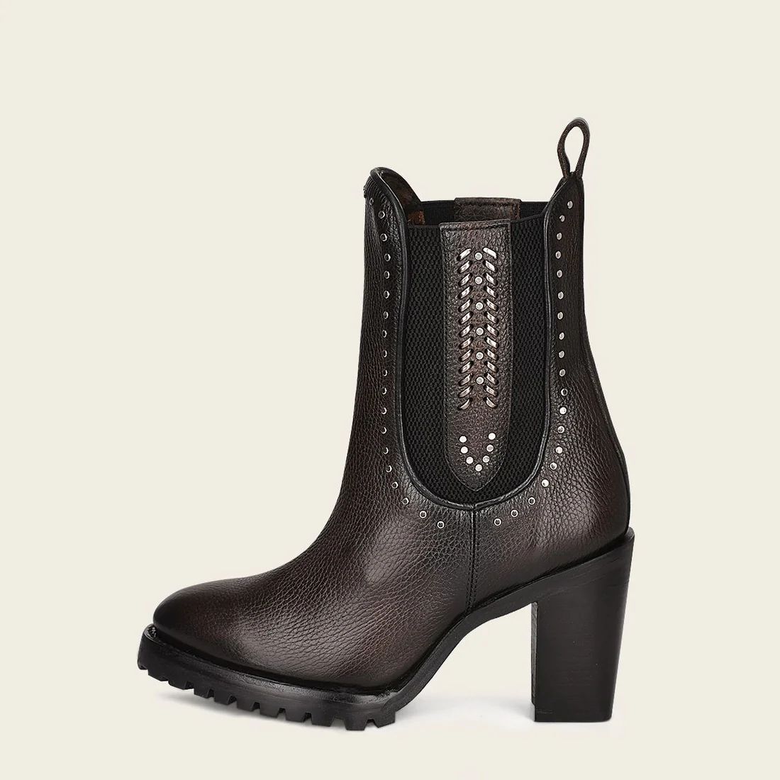 Cuadra | Black Leather Urban Bootie With Hand Made Fabric And Studs