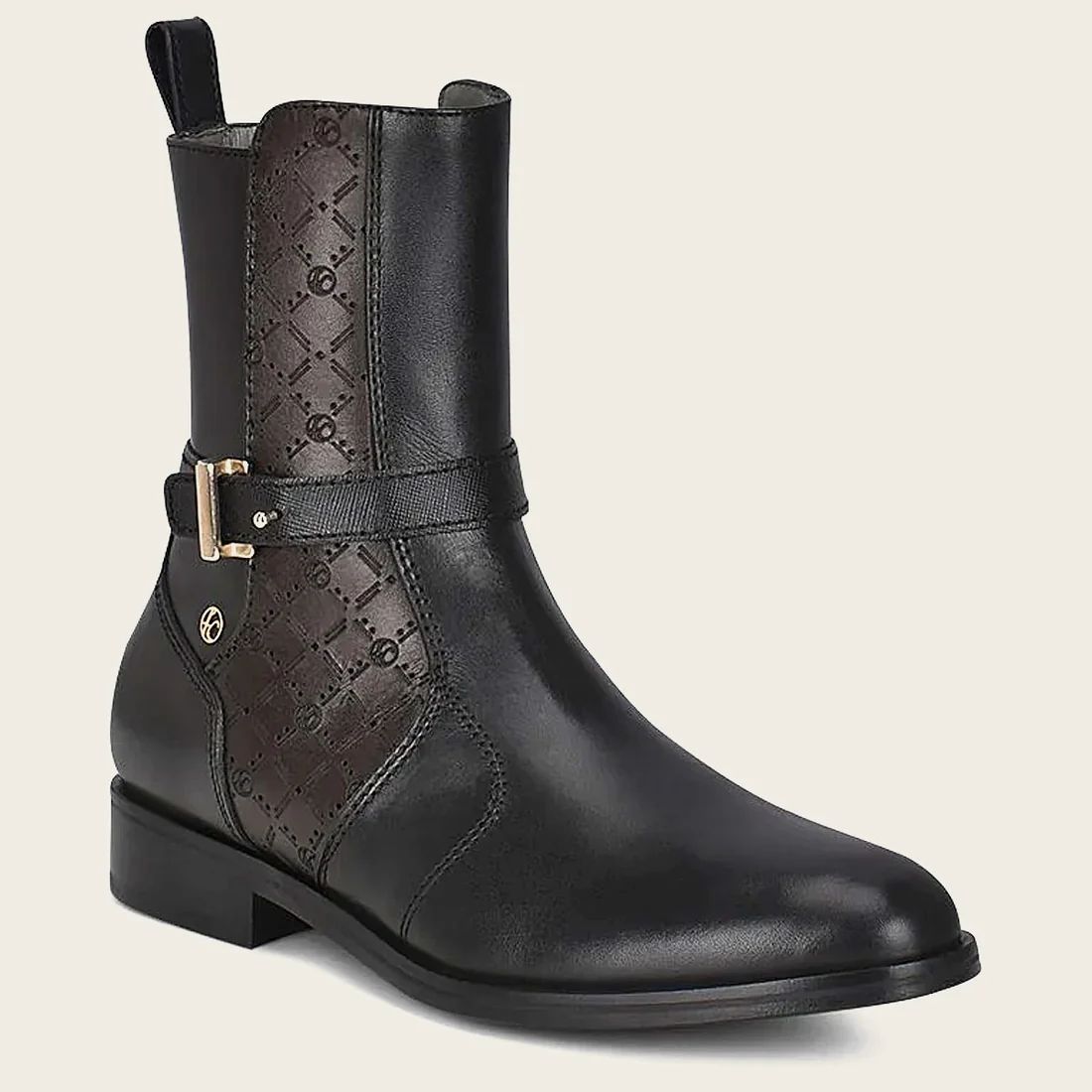Cuadra | Hand-Painted Black Leather Engraved Bootie