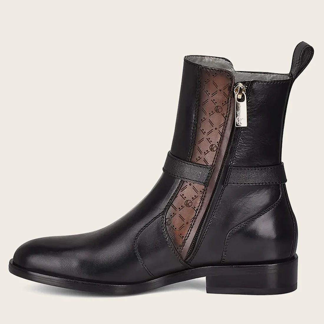 Cuadra | Hand-Painted Black Leather Engraved Bootie