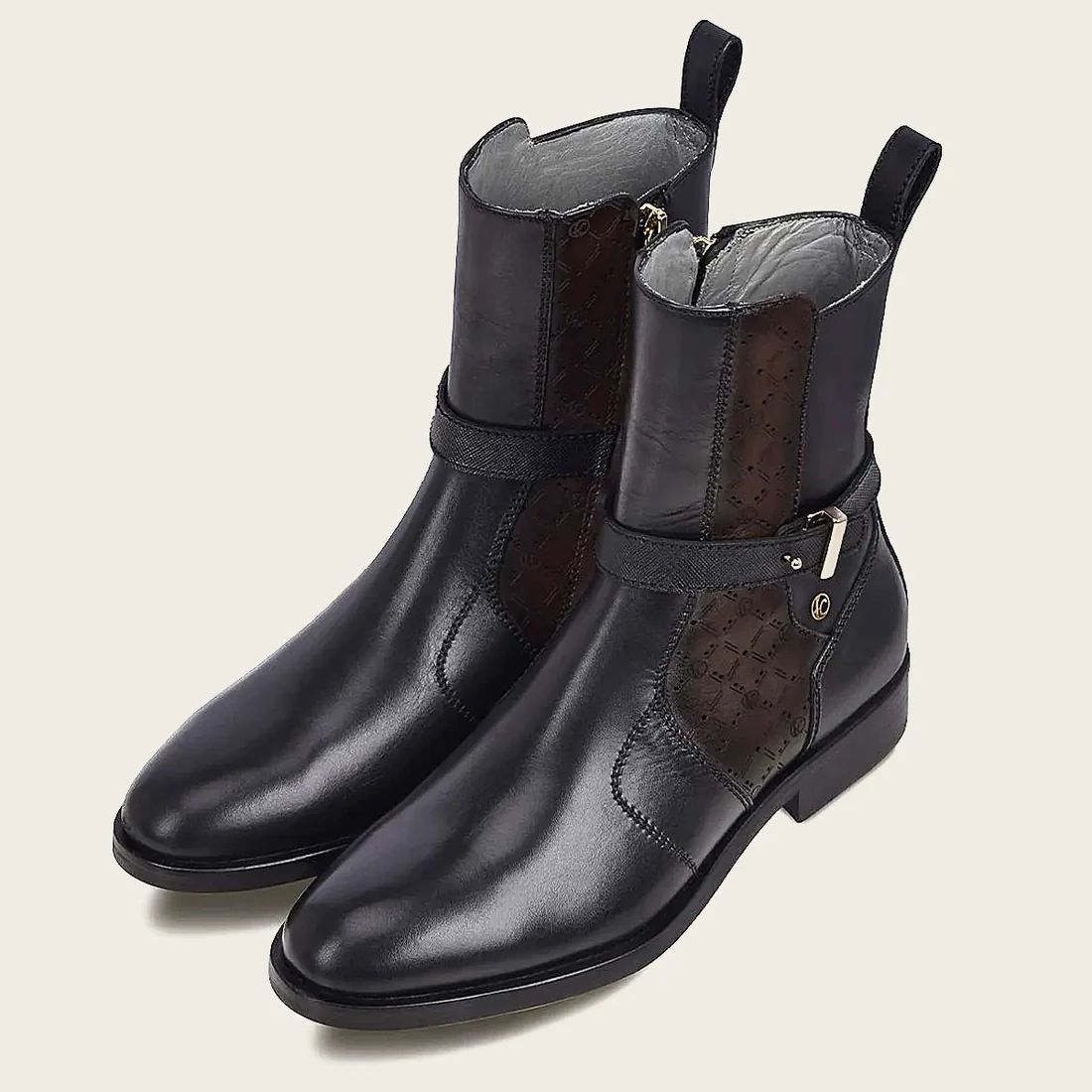 Cuadra | Hand-Painted Black Leather Engraved Bootie