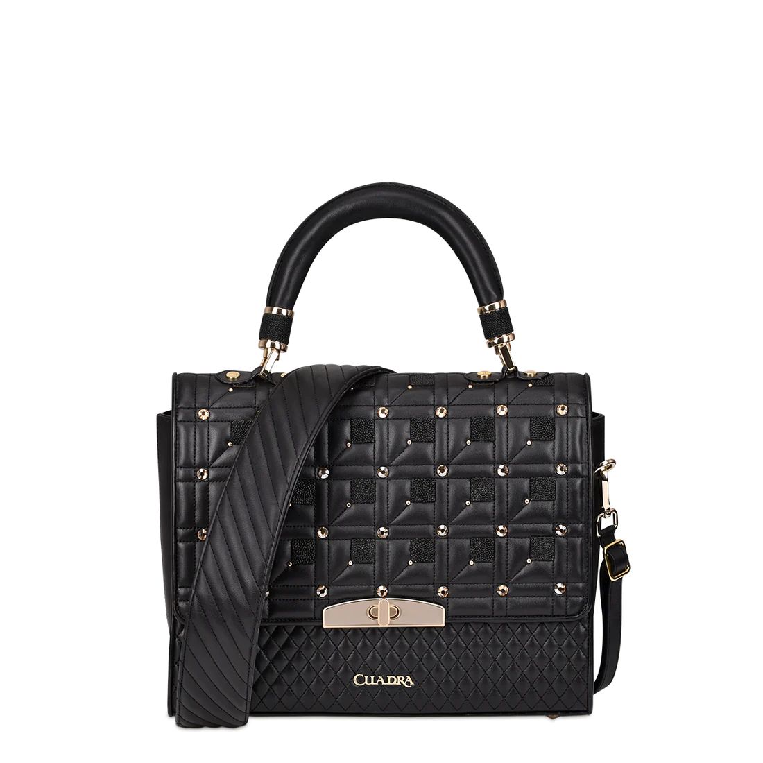 Cuadra | Black Exotic Leather Hadbag With Austrian Crystals