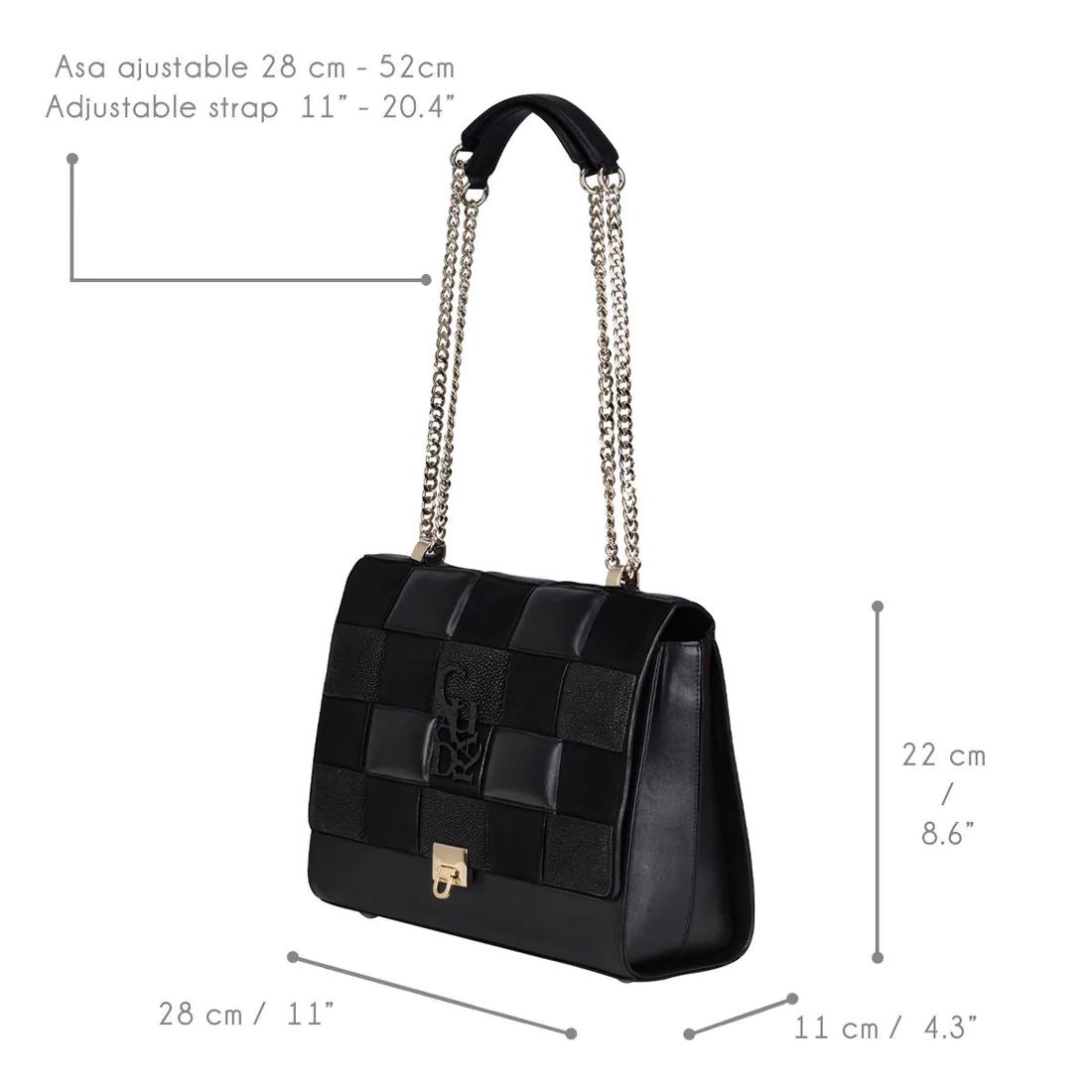 Cuadra | Black Genuine Exotic Leather Handbag With Chain Strap