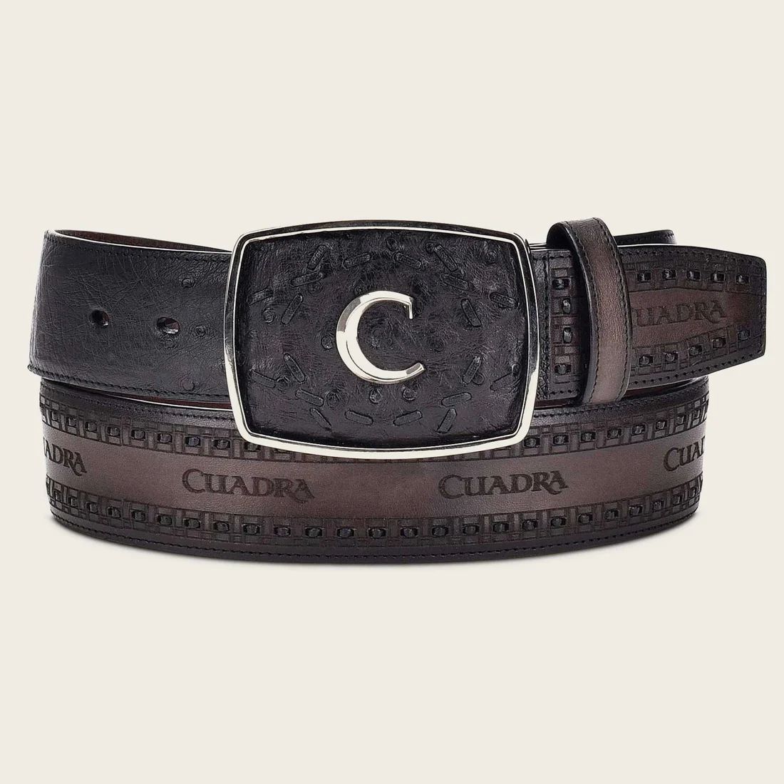 Cuadra | Engraved Black Ostrich Leather Western Belt
