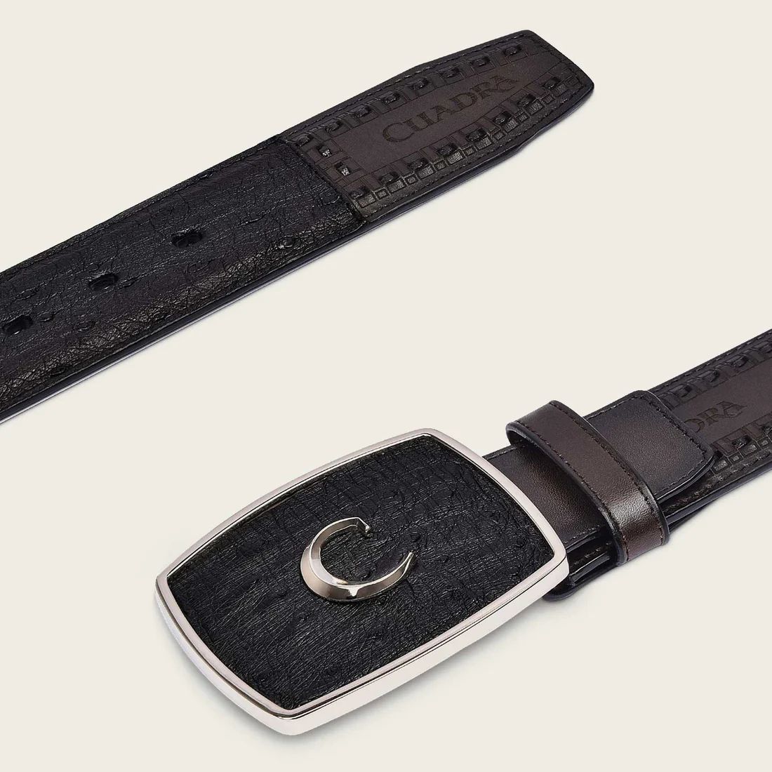 Cuadra | Engraved Black Ostrich Leather Western Belt